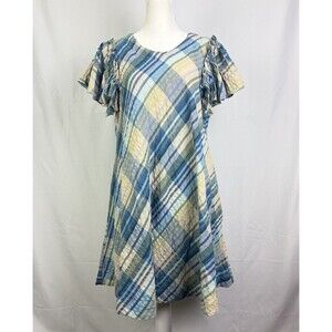Free People Yara Madras Mini Dress Sz Medium Blue Plaid Ruffled Sleeve Boho EUC